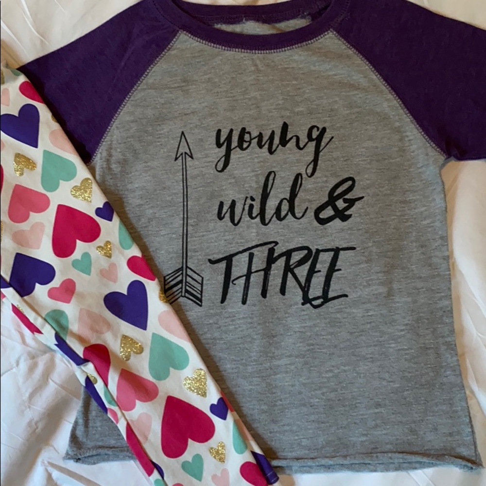 Young wild and three! Top and heart leggings 3T